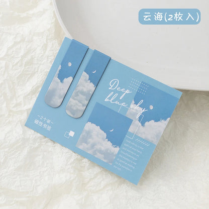 JIANQI 2pcs/pack Magnetic bookmark beautiful scenery clouds simple literary pattern bookmark Reading tool School office supplies