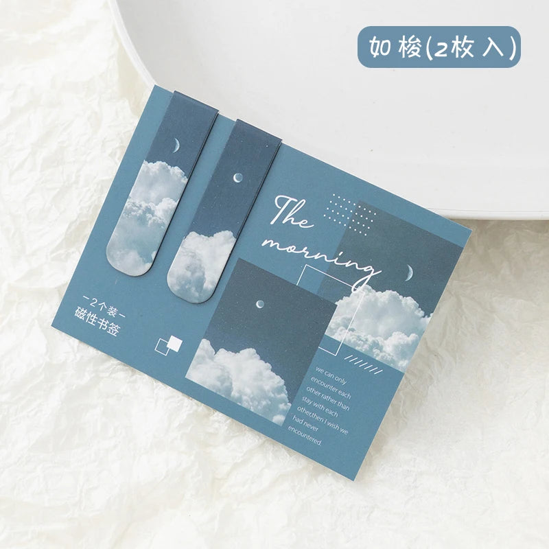 JIANQI 2pcs/pack Magnetic bookmark beautiful scenery clouds simple literary pattern bookmark Reading tool School office supplies